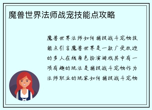 魔兽世界法师战宠技能点攻略